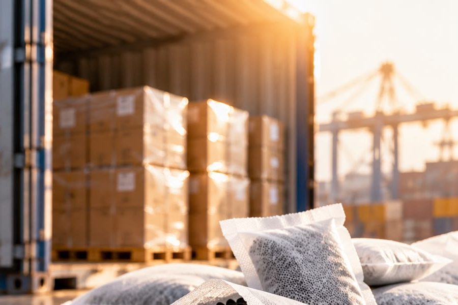 Palletised cargo inside a shipping container at a port at sunset, with carbon sachets in the foreground