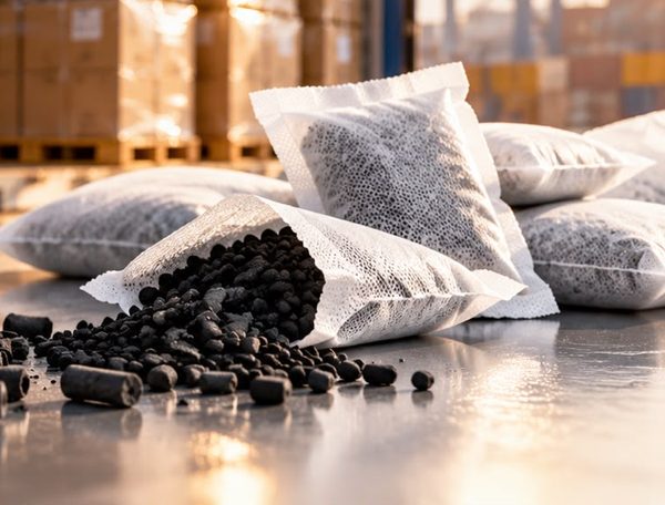 Activated carbon spilling from white mesh sachets on a warehouse floor