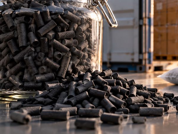 Cylindrical activated carbon pellets spilling from a glass jar